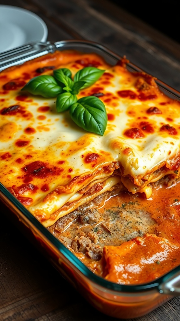 A hearty slice of baked lasagna with bubbling cheese and rich meat sauce, garnished with basil.